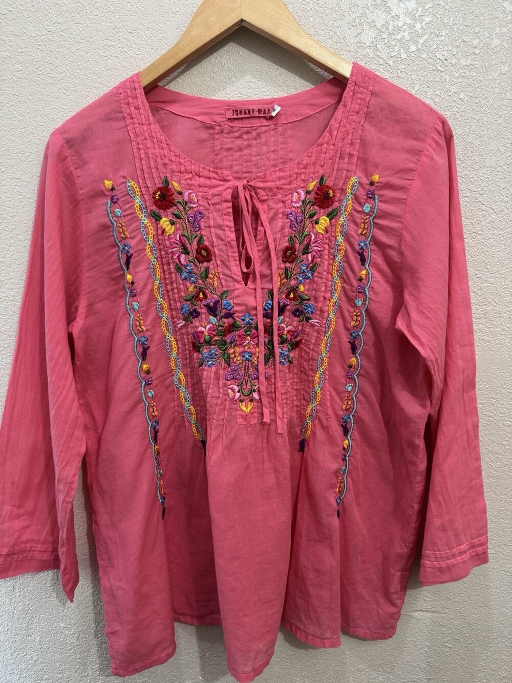 Johnny Was Pink Embroidered Floral Stitched Vneck Bohemian Tunic Top Size S